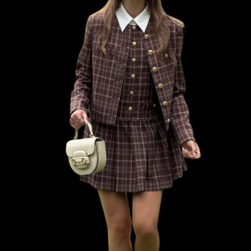 Plaid Mini Dress with Matching Jacket - Brown Plaid